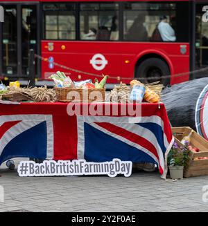 London, Großbritannien. September 2024. Vor dem Back British Farming Day am 11. September hat die National Farmers Union (NFU) einen Massy Ferguson Traktor und eine Ausstellung nach Old Palace Yard, Westminster London, gebracht Stockfoto