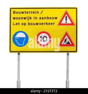 Verkehrsschild mit niederländischem Text für „Baustelle - Wohngebiet im Bau - Acht auf Bauverkehr“ Stockfoto