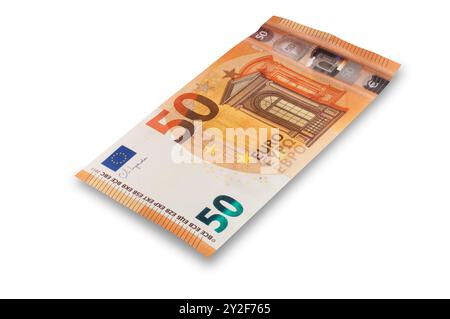 Studio-Aufnahme einer 50-Euro-Banknote vor weißem Hintergrund - John Gollop Stockfoto