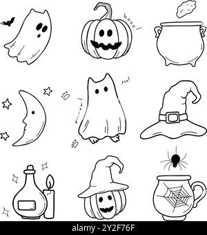 Traditionelle Halloween-Symbole: Geister, Geisterkatze, Kürbis, Hexenhut, Trank, Kerzen, Spinne, Spinnennetz, Nacht. Gezeichneter Vektor isoliert auf weiß, Kritzelei Stock Vektor