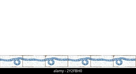 Die nahtlose Grenzschlaufe des Seeseils. Schwarzweiß-Farbpalette. Aquarellabbildung. Element der Azulejo-Fliesen. Für Aufkleber Stockfoto