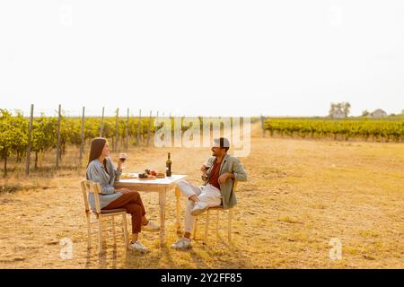 Ein paar entspannen sich an einem rustikalen Tisch in einem sonnigen Weinberg, genießen Wein und Gourmet-Snacks. Sie teilen Lachen und Freude, umgeben von üppigen Weinstöcken und dem Stockfoto