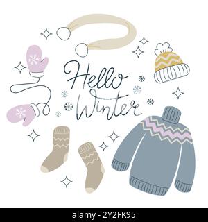 Hello Winter Poster Vorlage. Schriftzug mit warmem Kleiderrahmen für Verkauf Banner, Motivationszitat, gemütlicher Winter, Strickmotiv Karte, Flyer, wir Stock Vektor