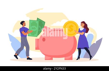 Personen mit Budget. Mann mit Banknoten und Frau mit Goldmünzen. Wirtschaftlichkeit, Budgetierung und Rechnungslegung. Finanzkompetenz und passives Einkommen. Flach Stock Vektor