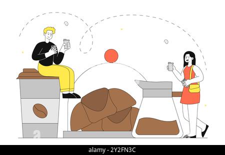 Leute mit Kaffee und Croissant. Mann und Frau in der Nähe einer riesigen Tasse heißes Getränk und traditionelles französisches Gebäck. Getränk mit Dessert und Delikatesse. Linear Stock Vektor