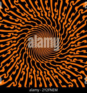 Psychedelische Halloween Spiralmuster hypnotischer Wirbel, Hypnose-Effekt. Vektordynamischer schwarzer und oranger Wirbel, Illusion von Bewegung und Tiefe mit schwindelerregender Wirkung. Psychedelischer abstrakter Twirl-Hintergrund Stock Vektor
