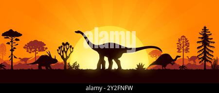 Riesige Dinosaurier-Silhouetten im jurassischen Zeitalter Sonnenuntergang im prähistorischen Wald, Vektor-Hintergrund. Dinosaurier und Riesenechsen-Silhouetten in Berglandschaft mit Sonne am Himmel für Paläontologiemuseum Stock Vektor