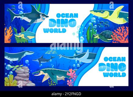 Karikaturen unter Wasser prähistorische Dinosaurier und Reptilien, Papier geschnittene Banner für die Dino-Welt des Ozeans, die eine Vielzahl von Wassertieren zwischen Korallenriffen und Algen darstellen. Papercut-Karten für Vektor-Unterwasser Stock Vektor