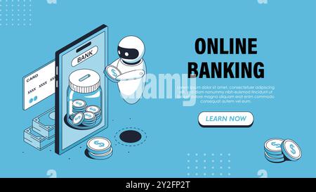 Isometrisches Poster für Online-Banking. Bot mit Münze in der Nähe des Smartphones. Bargeldlose Überweisungen und Transaktionen. Digitale elektronische Geldbörse. Design der Landing-Page Stock Vektor