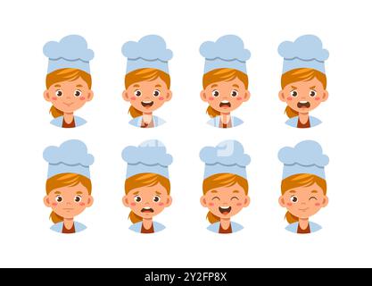 Weibliche Chefkonstruktorin. Mädchen mit Kochmütze. Kit zum Erstellen von Animationen. Gesichter mit verschiedenen Emotionen. Catering-Service-Beruf. Flach Stock Vektor