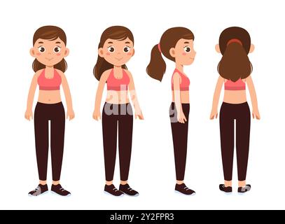 Fitness-Girl-Konstrukteurin. Frau in sportlicher Uniform steht. Kit zum Erstellen von Animationen. Zeichenpaket in verschiedenen Winkeln. Fitness und Sport. Flach Stock Vektor