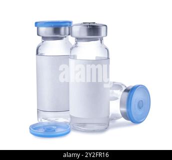 Medikamente in Glasfläschchen auf weißem Hintergrund Stockfoto