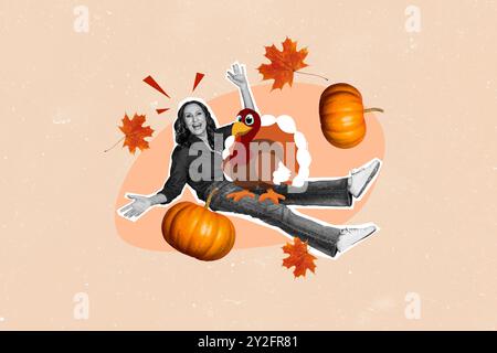 Zusammengesetzte Fotocollage der glücklichen alten Frau halten truthahn Vogel trockenes Laub Thanksgiving Feiertagsahorn isoliert auf gemaltem Hintergrund Stockfoto