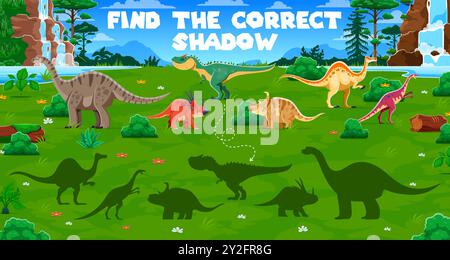 Finden Sie den richtigen Schatten prähistorischer Dinosaurier. Vektorspiel-Arbeitsblatt für Kinder mit Cartoon-Dino-Charakteren und ihren Silhouetten. Unterhaltsame Aktivität für Kinder, Vorschulkinder oder Kindergartenpädagogik Stock Vektor