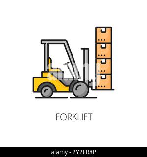 Farblinie für Gabelstapler-Cargo-Service für Logistiklieferkette und Versandlieferung, Vektorsymbol. Gabelstaplerwagen mit Bestellpaketen im Lagerlager, Farbsymbol für Logistikversorgung Stock Vektor