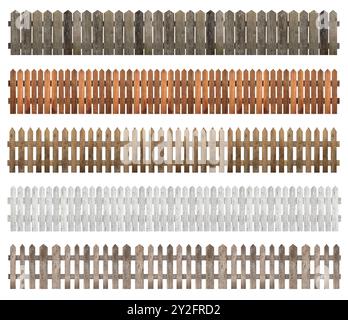Verschiedene hölzerne Zäune isoliert auf weiß, gesetzt Stockfoto
