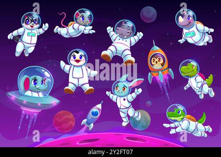 Cartoon-Tier-Astronauten Charaktere im Weltraum der Galaxie. Niedlicher schwimmender Pinguin, Kaninchen und Krokodil, Waschbär, Maus und Nilpferd. Nashorn, Elefant, Eule und Hase mit Dinosaurier verkleidet als Kosmonauten Stock Vektor