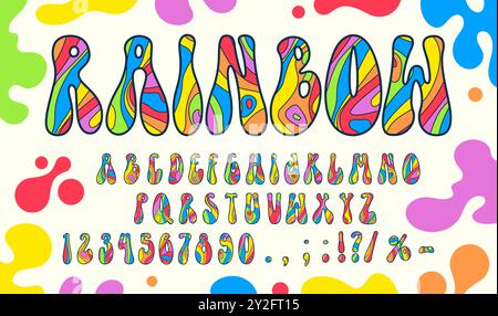 Retro-Hippie-Schrift der 60er Jahre und psychedelische Regenbogenschrift der 70er Jahre grooviger Schrift, Vektor-gewelltes Alphabet. Psychedelische Regenbogenschriftbuchstaben in Retro-Hippie-Kunst für Zeichentrickfilm und flippige Schriftart Stock Vektor