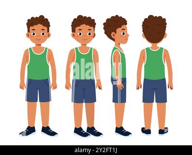 Fitness-Boy-Konstrukteur. Ein Typ in sportlicher Uniform. Kit zum Erstellen von Animationen. Zeichenpaket in verschiedenen Winkeln. Cardio-Training und Workout. Flach Stock Vektor