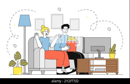 Familie, die zu Hause Filme ansieht. Mann und Frau mit Popcorn sitzen und Fernsehen. Unterhaltung und Spaß. Komfortable private Erholung. Linear Stock Vektor