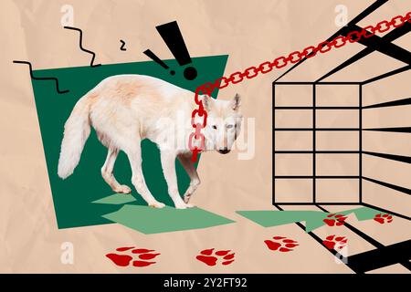 Trendkunstwerk 3D-Skizzenbild Fotocollage der Umwelt Katastrophe zerstöre Ökosystem Natur wildes Leben Tier Wolf Kette fangen in Falle Stockfoto
