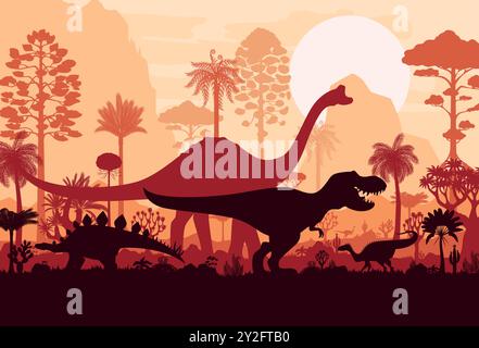 Prähistorische Dinosaurier-Silhouetten im tropischen Dschungel. Vektorszene mit Silhouetten von Dino-Arten durchstreifen die Landschaft mit Farnen, Felsen, Palmen und großer Sonne am Abendhimmel. Panorama aus der antiken jurassischen Ära Stock Vektor