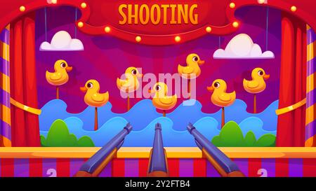 Karneval Shoot Spiel mit Enten, Vergnügungspark Stand. Comic Vector Entenjagd Jahrmarkt oder Zirkusschießen Festplatz Unterhaltung. Kleiner Stall mit drake-Vogelzielen, Teich mit Wellen und Gewehren Stock Vektor