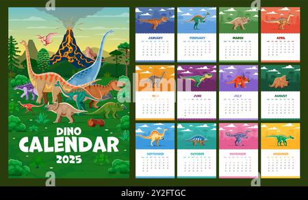 2025-Jahreskalender. Prähistorische Dinosaurierfiguren. Die Vektor-Vorlagenseite mit jedem Monat zeigt Reptilien-Dino-Tierarten vor einer alten Landschaft aus der jurassischen Zeit und einem ausbrechenden Vulkan Stock Vektor