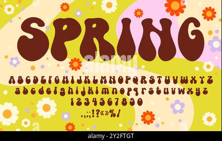 70er Jahre groovige psychedelische Schriftart mit funky Hippie Schriftart oder 60er Jahre trippische Schriftart, Vektor-Retro-Alphabet. Englische Buchstaben in grooviger oder weich abgerundeter Schrift in Hippie-Musik-Festival-Kunst der 70er oder 80er Jahre Stock Vektor