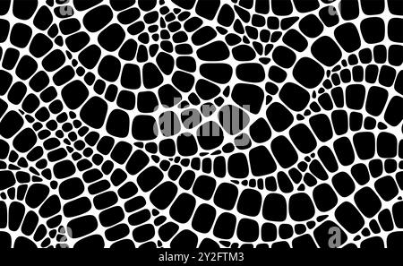 Schlangen-, Krokodil- und Dinosauriertiermuster, Hintergrund aus Reptilienleder. Vektor-monochrome nahtlose Alligator- oder Eidechsentarnen-Textur von schwarzen unregelmäßigen Schuppen, die an kleine Fliesen-Motiv erinnern Stock Vektor