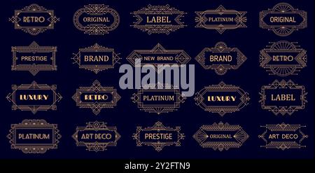 Geometrische Ornamentiketiketten, goldene Rahmen und Rahmen im Vintage-Art-déco-Stil. Vektor-Retro-moderne lineare geometrische ornamentale Rahmen mit goldenem elegantem Luxus, antiker Dekoration und verzierten viktorianischen Borten Stock Vektor