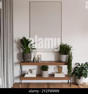 Modernes skandinavisches Wohnzimmer mit grünem Design-Sofa, Sessel, vielen Pflanzen, Couchtisch, Teppich in gemütlicher Wohnkultur. Vorlage. Stockfoto