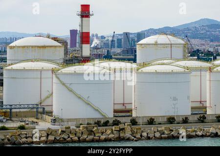 Viele große runde weiße Reservoirs für chemische Produkte im industriellen Terminal des Hafens Stockfoto