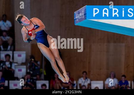 Paris, Frankreich. August 2024. PARIS, FRANKREICH – 5. AUGUST: Daryn Wright vom Team USA tritt am 10. Tag des Tauchens an der 10-m-Plattform der Frauen an – Olympischen Spiele Paris 2024 im Aquatics Centre am 5. August 2024 in Paris, Frankreich, an. (Foto: Joris Verwijst/BSR Agency) Credit: BSR Agency/Alamy Live News Stockfoto