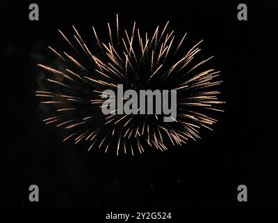 Explosives, lebendiges Feuerwerk erleuchtet den Nachthimmel. Perfekt für Feiern und Veranstaltungen Stockfoto