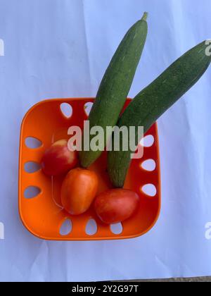 Luffa und Tomaten werden in einer orangen Schüssel gelegt, wodurch eine lebhafte Mischung aus Grün und Rot entsteht. Die kontrastierenden Farben und Texturen betonen die Frische Stockfoto