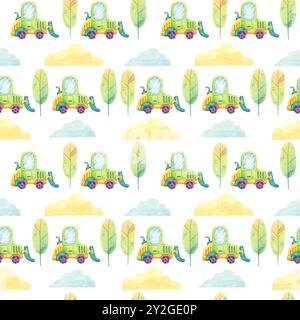 Grüne Trucks im Cartoon-Stil mit blauen Fenstern, hohen grünen Bäumen, gelben Wolken. Nahtloses Muster, Clipart in Aquarellfarben. Perfekt zum Einpacken von Papier, Kinderbekleidung und Scrapbook-Projekten Stockfoto