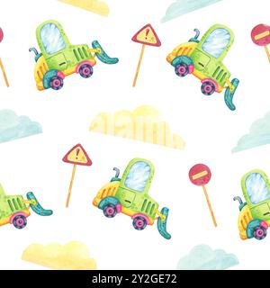 Grüne Trucks mit blauen Fenstern, gelben Wolken, roten und gelben Straßenschildern im Cartoon-Stil. Nahtloses Muster, Clipart in Aquarellfarben. Ideal für Kindertextilien, Kindergartendekorationen und Partyzubehör Stockfoto