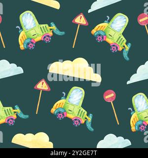 Grüne Lkw mit blauen Fenstern, gelben Wolken, roten und gelben Straßenschildern auf dunkelgrünem Hintergrund. Nahtloses Muster im Cartoon-Stil, Aquarell-Clipart. Perfekt für Kinderzimmerdekor, Textil Stockfoto