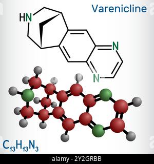 Vareniclinmolekül, ein Medikament zur Raucherentwöhnung. Strukturelle chemische Formel und Molekülmodell. Vektor Stock Vektor