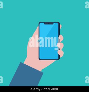 Eine Hand hält ein Telefon. Der Bildschirm des Smartphones hat ein blaues Glas mit einer leichten Lichtreflexion. Ein modernes Telefon. Vektor für flache Konstruktion Stock Vektor