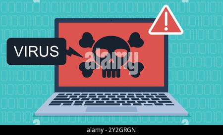 Laptop mit einem Virus infiziert. Auf dem Bildschirm wird ein Schädel mit dem INFORMATIONSVIRUS und daneben ein Ausrufezeichen angezeigt. Der Hintergrund ist Null-Eins Stock Vektor