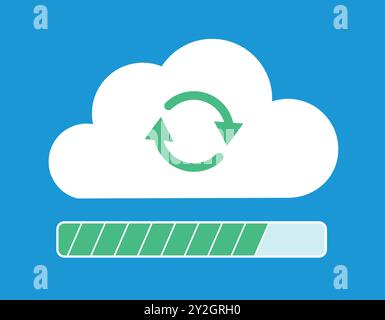 Eine Cloud mit einem Upload-Symbol und einem Zähler. Der Zähler ist grün und fast vollständig gefüllt. Das Symbol befindet sich auf blauem Hintergrund. Vektor für flache Konstruktion Stock Vektor