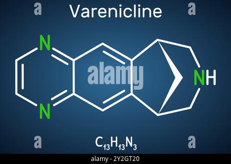 Vareniclinmolekül, ein Medikament zur Raucherentwöhnung. Strukturelle Chemikalie, dunkelblauer Hintergrund. Vektor Stock Vektor