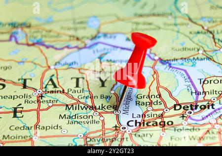 Milwaukee, Wisconsin, Pin auf der Karte. Stockfoto