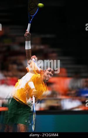 Valencia, Spanien. September 2024. VALENCIA, SPANIEN: Alexei Popyrin (Australien) spielt am 10. September 2024 in Valencia gegen Ugo Humbert (Frankreich) im Davis Cup Gruppenspiel 2024 gegen Frankreich und Australien gegen Frankreich im Pabellon Fuente de San Luis. (Foto von Francisco Macia/Photo Players Images/Magara Press) Credit: Magara Press SL/Alamy Live News Stockfoto