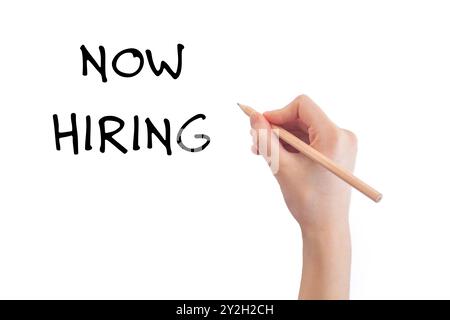 Handschrift jetzt Einstellungsnachricht auf weißem Hintergrund. Nachricht „Conceptual Now Hiring“ (Konzept jetzt einstellen) Kopierbereich. Stockfoto