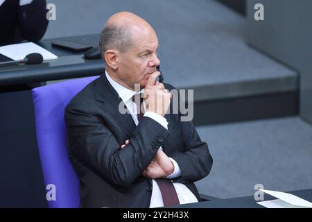 Berlin, Deutschland, 10.09.2024: Deutscher Bundestag: Feierstunde zum 75. Jahrestag der Konstituierung: Bundeskanzler Olaf Scholz SPD *** Berlin, 10 09 2024 Bundestagsfeier zum 75. Jahrestag der Verfassung Bundeskanzler Olaf Scholz SPD Copyright: XdtsxNachrichtenagenturx dts 45210 Stockfoto