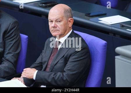 Berlin, Deutschland, 10.09.2024: Deutscher Bundestag: Feierstunde zum 75. Jahrestag der Konstituierung: Bundeskanzler Olaf Scholz SPD *** Berlin, 10 09 2024 Bundestagsfeier zum 75. Jahrestag der Verfassung Bundeskanzler Olaf Scholz SPD Copyright: XdtsxNachrichtenagenturx dts 45212 Stockfoto