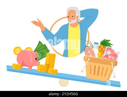 Ein älterer Mann, der über eine teure Lebensmittelinflation nachdenkt Stock Vektor